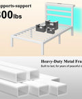 Totally Sweet Twin Size Metal Bed Frame With White Storage Headboard Featuring Smart App Control Rgb Led Lights And Built In Usb Charging Ports For Ultra Chill Bedroom Setups That Slap, displaying heavy-duty white metal frame and slats.