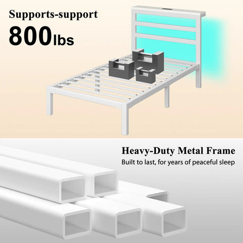 Totally Sweet Twin Size Metal Bed Frame With White Storage Headboard Featuring Smart App Control Rgb Led Lights And Built In Usb Charging Ports For Ultra Chill Bedroom Setups That Slap, displaying heavy-duty white metal frame and slats.
