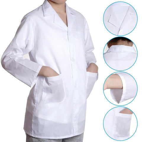 Cool Kids Doctor Lab Coat Costume For Boys And Girls Realistic Scientist Dress Up Coat For Role Play Durable Polyester Cotton Lab Jacket For Halloween And School Projects, showing full front view and pocket details.