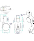 Heavy Duty 2 Inch Black Nylon Swivel Twin Wheel Casters With Brake And U Clip Stem detailed dimensions illustration.