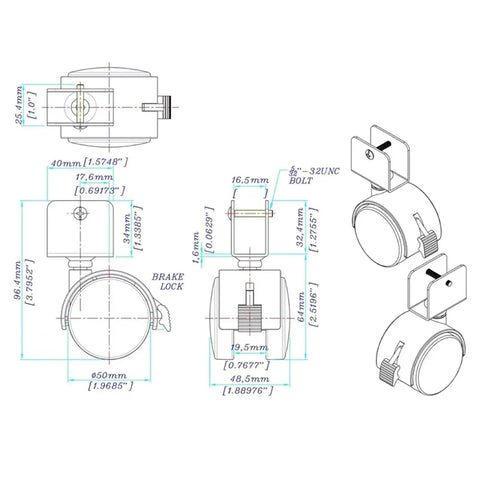 Heavy Duty 2 Inch Black Nylon Swivel Twin Wheel Casters With Brake And U Clip Stem detailed dimensions illustration.