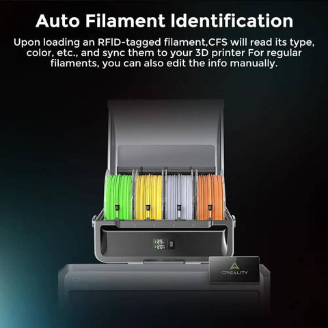 CFS Multicolor 3D Printing System With Four Color Modules for seamless 16 color printing, showing auto filament identification feature.