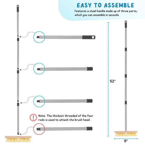 Long Handled Floor Scrubber Brush With 52 Inch Reach for assembly showing steel handle and brush components.