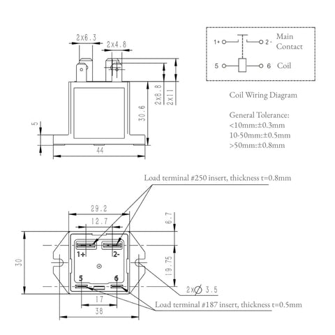 Diagram of Heavy Duty 800V DC Relay Contactor 20A showing dimensions and coil wiring for Solar EV Chargers and ESS Battery Banks.