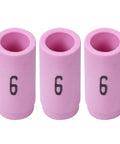 Pro Grade 123 Piece TIG Welding Torch Kit With Gas Lens, Ceramic Nozzles showing three pink nozzles labeled number 6.