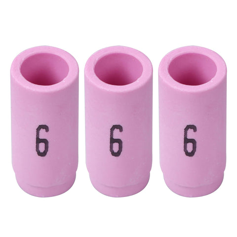 Pro Grade 123 Piece TIG Welding Torch Kit With Gas Lens, Ceramic Nozzles showing three pink nozzles labeled number 6.