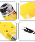 8 Pack of TT DC gearbox motors for Arduino robots with 3-6V power, 1:48 gear ratio, 200 RPM, and 2.54mm wire leads, showing motor details.