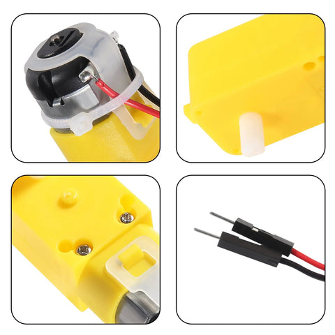 8 Pack of TT DC gearbox motors for Arduino robots with 3-6V power, 1:48 gear ratio, 200 RPM, and 2.54mm wire leads, showing motor details.