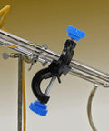 Three Pack Black Aluminum Cross Clamps With Dual Screw Boss Head Adjustable Lab Stand Holder gripping a lab pole with blue twist knob.