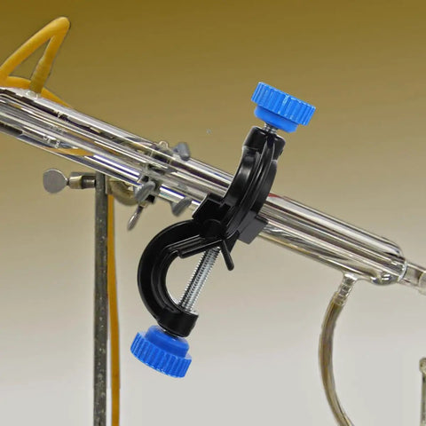 Three Pack Black Aluminum Cross Clamps With Dual Screw Boss Head Adjustable Lab Stand Holder gripping a lab pole with blue twist knob.