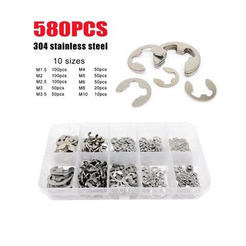 580 To 1000 Piece External Retaining Ring E Clip Circlip Washer Set In 304 Stainless Steel M1.2 To M15 Sizes For Shafts Bearings