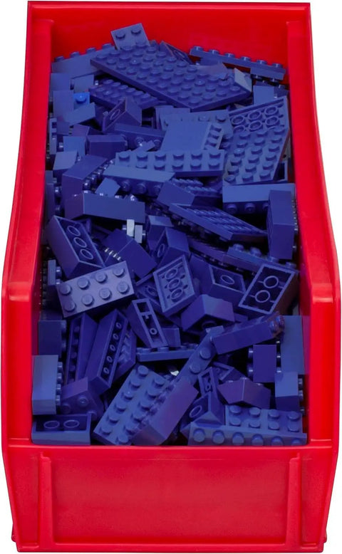 Red 15x5x5 inch durable plastic bin filled with purple building blocks, space saving stackable storage bins for garage pantry and craft organization 12 pack