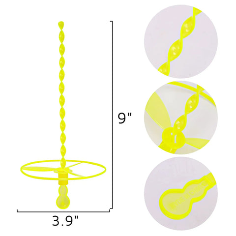 Yellow plastic swirl stick and ring from 50 Pack Flying Disc Toy Set With Swirly Sticks, Spinners, And Rings, 9 and 3.9 inches size