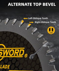 Close-up of 10 Inch Table Saw Blade For Fine Finish Wood Cutting 60 Tooth Thin Kerf 0.098 Inch Five Eighth Inch Arbor 2 Pack Tungsten Carbide Teeth For Ultra Clean Rips And Precise Miter Cuts, showing alternate top bevel design.