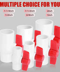 Multiple PVC ball valves with red T-handles and varied sizes, including Two Pack 2 Inch PVC Ball Valves With T Handle No Fuss Water Shut Off Slip Socket Fittings For Pools Irrigation Sewage And Home Water Projects 150 PSI Rated, displayed on a gray background.