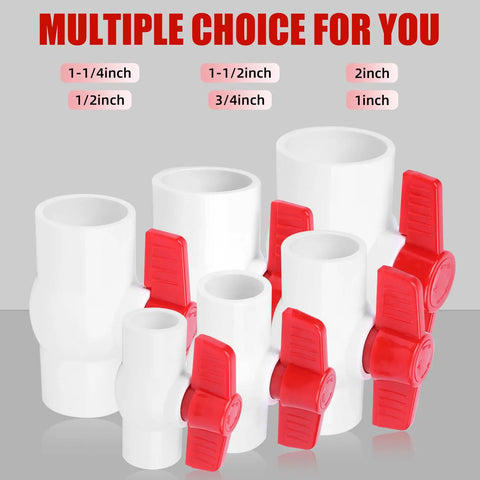 Multiple PVC ball valves with red T-handles and varied sizes, including Two Pack 2 Inch PVC Ball Valves With T Handle No Fuss Water Shut Off Slip Socket Fittings For Pools Irrigation Sewage And Home Water Projects 150 PSI Rated, displayed on a gray background.