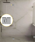 Adjustable Designer Glass To Glass Door Hinge 180 Degree Satin Finish For Frameless Shower Doors Self Centering Includes All Mounting Hardware Stainless Steel Allen Style Clamp Screws Wide Finish Options By Brixwell installed on a frameless glass shower door.