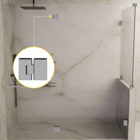 Adjustable Designer Glass To Glass Door Hinge 180 Degree Satin Finish For Frameless Shower Doors Self Centering Includes All Mounting Hardware Stainless Steel Allen Style Clamp Screws Wide Finish Options By Brixwell installed on a frameless glass shower door.