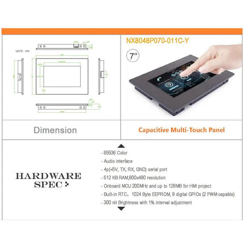 Nextion Intelligent 7 Inch HMI Display With 5V Capacitive Touch Screen 800x480 TFT LCD Enclosure Case For Arduino Projects Built In Audio Video And Animation Capabilities For Interactive UI, dimension and touch panel view