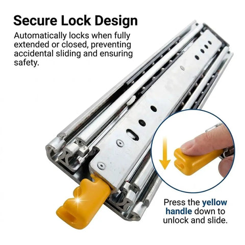 Beefy Heavy Duty Locking Drawer Slides With Screws 500 Lb Capacity Full Extension 3 Fold Ball Bearing Rails With Lock Side Mount