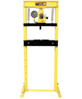 Hardcore 12 Ton Hydraulic Shop Press With Pressure Gauge And Rock Solid Steel Frame Bottle Jack Rig for automotive repair, features yellow steel frame.