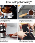 Steps to stop channeling with bottomless 58mm portafilter for E61 group heads, showing grinding, dosing, distributing, and tamping.