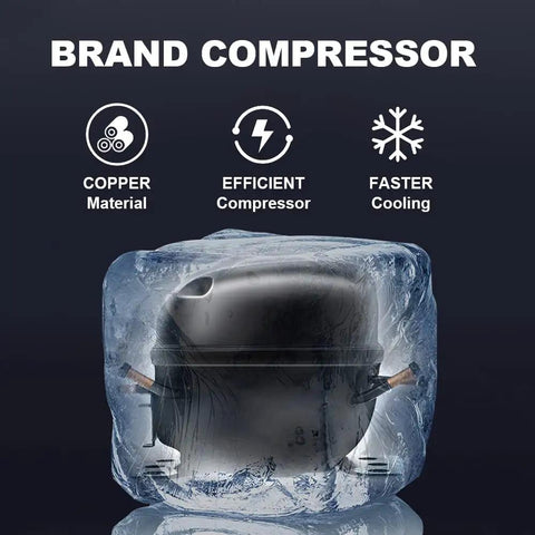 Super Chill Ultra Low Temperature Lab Freezer With Kickass Cryogenic Cooling showing a copper compressor encased in ice for enhanced cooling.
