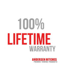 Text reading '100% Lifetime Warranty' and 'ANDERSEN HITCHES PREMIER TOWING PRODUCTS' on a plain background.