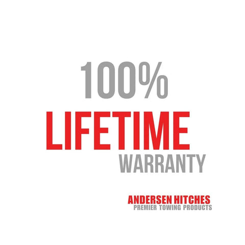 Text reading '100% Lifetime Warranty' and 'ANDERSEN HITCHES PREMIER TOWING PRODUCTS' on a plain background.