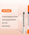 30 Pack U-100 1ml 30G 5/16 Inch 8mm Syringes With Needle, Individually Sealed And Leak-Proof, Sterile Medical Grade For Insulin Dosing And Small Medical Procedures, shown with 1ml syringe and needle