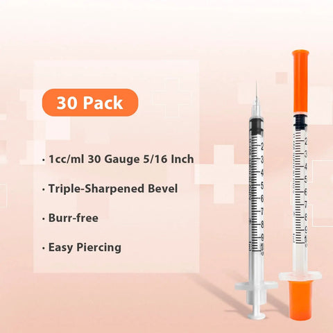 30 Pack U-100 1ml 30G 5/16 Inch 8mm Syringes With Needle, Individually Sealed And Leak-Proof, Sterile Medical Grade For Insulin Dosing And Small Medical Procedures, shown with 1ml syringe and needle