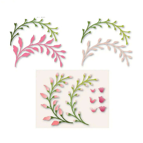 3 Piece Flower Leaf Branches Metal Die Cuts Set For DIY Embossing And Card Making, Floral Leaves Frame Stencils on white background