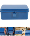 Classic Vintage Blue Metal Toolbox And Portable Tool Organizer For Auto Repair Job Site Storage Home Fix Ups Heavy Duty Rolling Gear Rack With Badass Grip Latches, front view with closed lid.