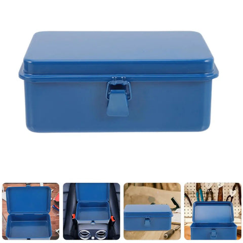 Classic Vintage Blue Metal Toolbox And Portable Tool Organizer For Auto Repair Job Site Storage Home Fix Ups Heavy Duty Rolling Gear Rack With Badass Grip Latches, front view with closed lid.