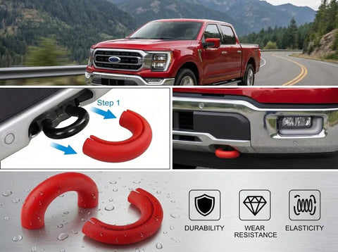 Ford F-150, Bronco And Toyota Tundra Tow Hook Covers Beefed-Up Silicone Exterior Protection Caps on red truck