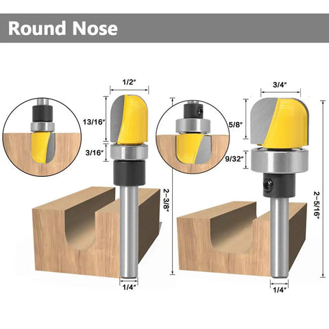 Round nose detail of Six Piece 1 Quarter Inch Shank Grooving Router Bit Set With Bearings for precision woodworking