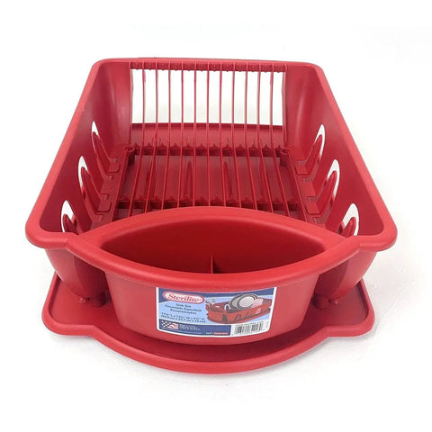 Red Ultra Sink Set 2-Piece Dish Rack With Detachable Drain Board, Plastic Kitchen Drying Caddy For Plates Cups And Cutlery, Must-Have