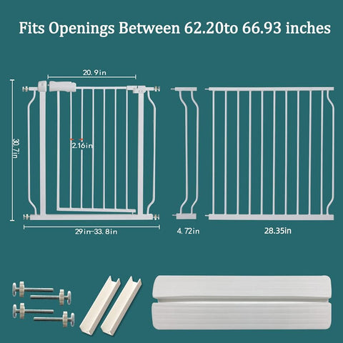 Diagram of Extra Wide Walk Through Baby Gate Pressure Mounted With Extension dimensions and components.