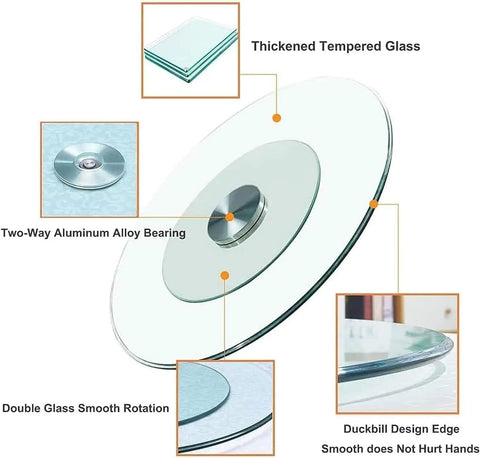 Smooth Operator 34 Inch Lazy Susan Turntable With Slick Tempered Glass Dining Table Insert, No Sweat Aluminum Bearing Swivel, showcasing thickened glass and dual rotation features.