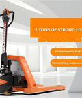 Heavy Duty Full Electric Pallet Jack Truck With 6600 Lb Capacity features a strong black and orange design with electric lifting and lowering.