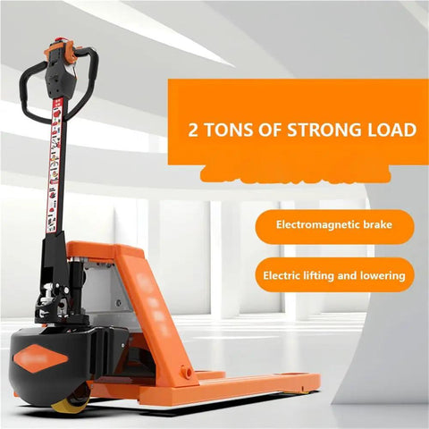 Heavy Duty Full Electric Pallet Jack Truck With 6600 Lb Capacity features a strong black and orange design with electric lifting and lowering.