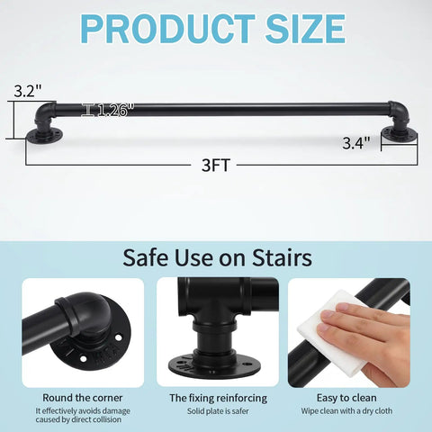 Built Like A Tank 3Ft Metal Industrial Stair Railing With Heavy Duty Black Powder Coated Finish measuring 3FT with fittings.