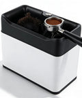 Electric Espresso Knock Box With Automatic Portafilter Cleaner for No Sweat Coffee Puck Disposal and Effortless Barista Counter Setup.