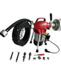 110V Electric Drain Auger Workhorse Sewer Clog Remover With 20 Meter 16mm Flexible Spring, 7-piece bit set on display.