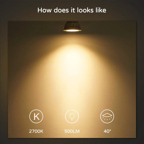 Dimmer Friendly MR16 LED Bulbs, 5W, 50W Equivalent, 2700K Warm White illuminating a wall with 40° beam angle