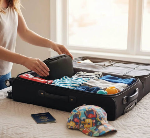 Open black suitcase on a bed with folded clothes; passport and a colorful cap nearby.