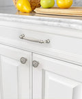 Top Shelf 10 Pack Brushed Satin Nickel Kitchen Cabinet Knobs Solid Heavy Duty Metal Drawer Pulls Rust Proof Hardware on white cabinets.