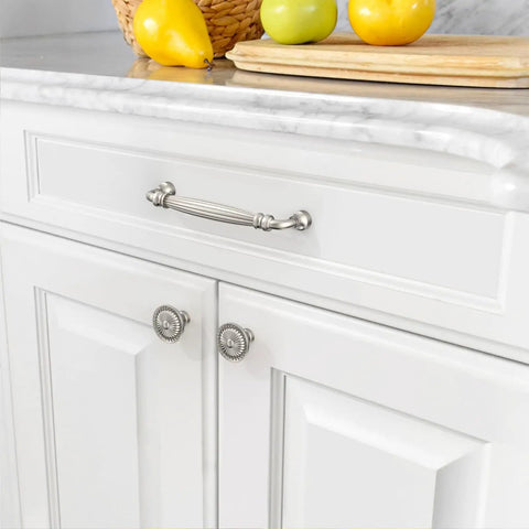 Top Shelf 10 Pack Brushed Satin Nickel Kitchen Cabinet Knobs Solid Heavy Duty Metal Drawer Pulls Rust Proof Hardware on white cabinets.