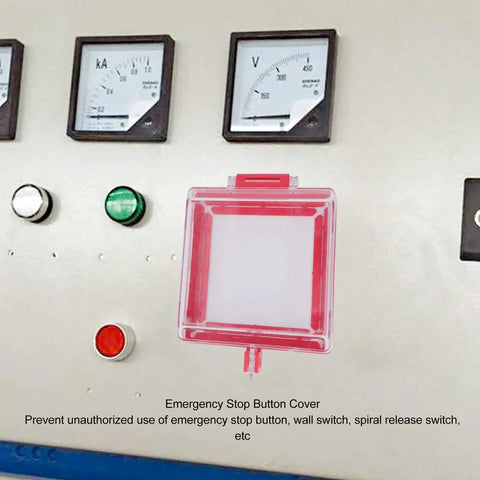 Clear Emergency Stop Button Lockout Cover With Hinged Design And Mounting Kit against control panel background