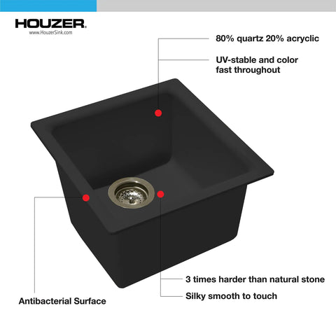 E-100 Midnite Quartztone Bar Sink Dual Mount 13x13 Inch Single Bowl Black, Durable Granite-Style Kitchen Prep Sink.
